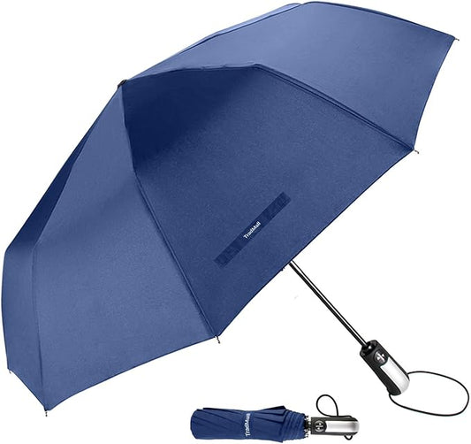 TradMall Travel Umbrella Windproof with 56 Inches Large Canopy 10 Reinforced Fiberglass Ribs Ergonomic Handle Auto Open & Close, Navy Blue