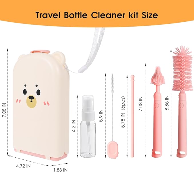 Travel Baby Bottle Cleaner Kit，7-in-1 Baby Bottle Brush Set for Travel and Home, All-in-One Baby Bottle Washing Kit: Integrated Cleaning & Drying System for Bottles and Breast Pump Parts (Pink)