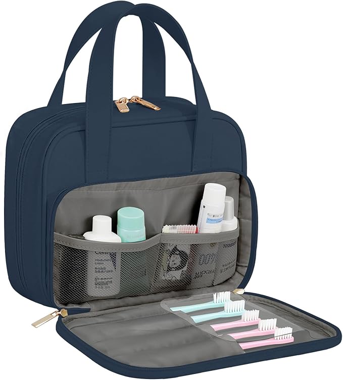 Travel Toiletry Bag, Water-resistant PU Leather Makeup Bag with Multiple Compartments, Large Capacity Makeup Organizer Bag with Handle for Accessories, Essentials, Toiletries, Navy Blue