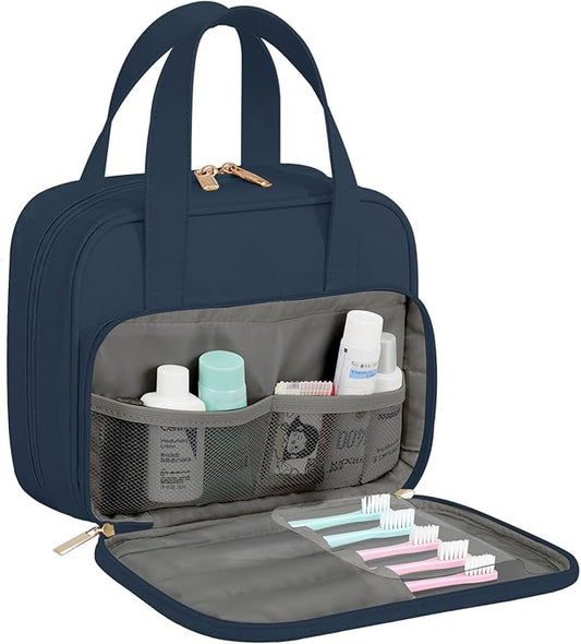 Travel Toiletry Bag, Water-resistant PU Leather Makeup Bag with Multiple Compartments, Large Capacity Makeup Organizer Bag with Handle for Accessories, Essentials, Toiletries, Navy Blue