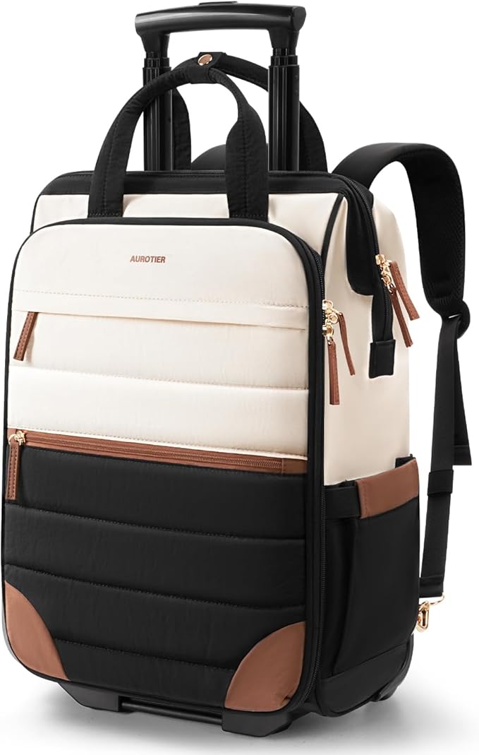 Rolling Puffer Backpack for Women, Travel Backpack with Wheels, 16 Inch Wheeled Laptop Backpck, Dual-Opening Design Overnight College Underseat Carry on Luggage, Roller Business Work Bag, Beige Brown