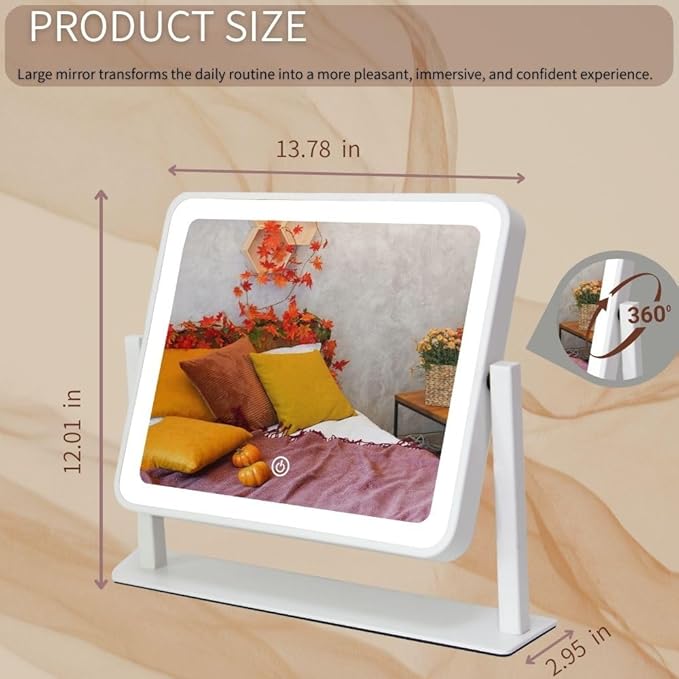 12"x14" LED Vanity Mirror with Lights, 3-Color Dimmable Touch Control, Large Lighted Makeup Mirror, USB-Rechargeable Cordless Design, Sturdy Metal Frame, Oversized Tabletop Mirror, Gift-Ready