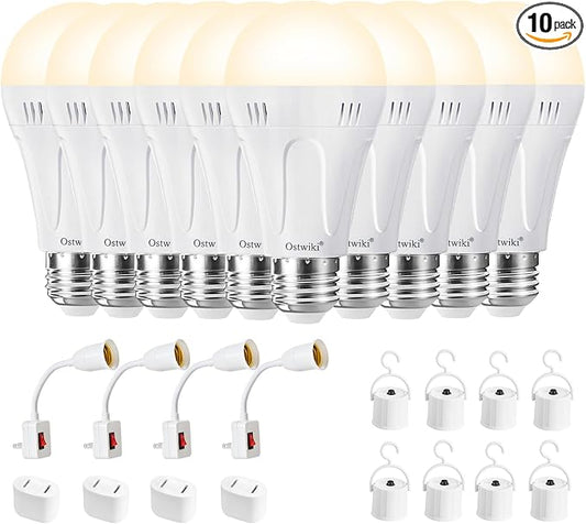 Ostwiki 10 Pack A19 Rechargeable Emergency Light Bulbs E26 9W 3000K Warm | Emergency Light Bulbs for Power Outage, Battery Backup LED for Lamps, Hurricane Blizzard Use, Outdoor Camping Hiking