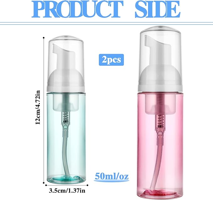 2 Pack Foam Pump Bottle Travel 60 ml/2 oz Small Size Mousse Foam Soap Dispenser Clear Plastic Foaming Soap Dispenser Mini Empty Refillable Pump Containers for Face Wash Lash Shampoo Skin Care