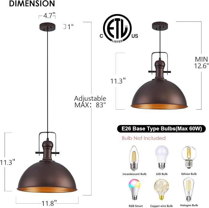 12 Inch ORB Farmhouse Pendant Lights for Kitchen Island 3 Pack | ETL Certificate, Easy to Install,Adjustable Height Cord,Vintage Industrial Dome Hanging Light Fixtures