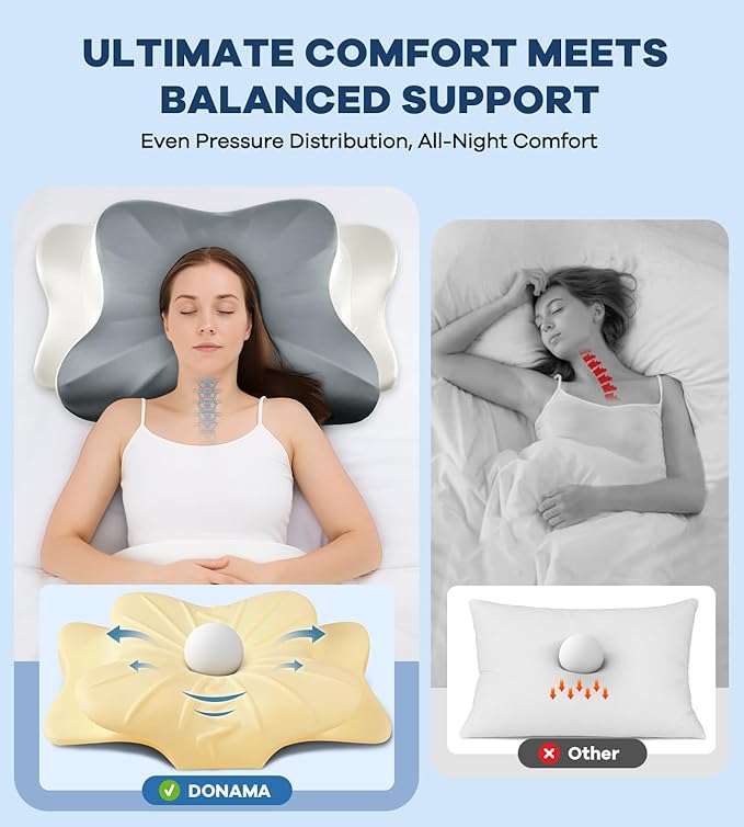 DONAMA Cervical Pillow for Neck and Shoulder Pain Relief, Cooling Contour Memory Foam Pillow, Dual-Height Ergonomic Neck Support Pillow for Side Back Stomach Sleepers with Removable Pillowcase