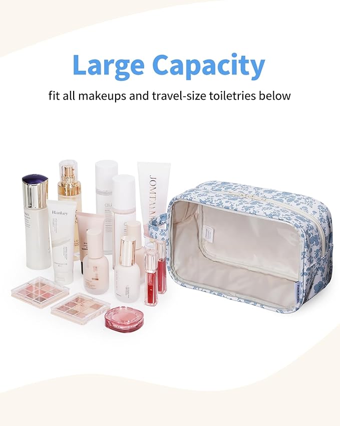 Narwey Clear Toiletry Bags for Traveling Women Men, Clear Travel Bags for Toiletries Makeup Bag Cosmetic Bag with Zipper, Make Up Organizer, Skincare Bag (Blue Flower)
