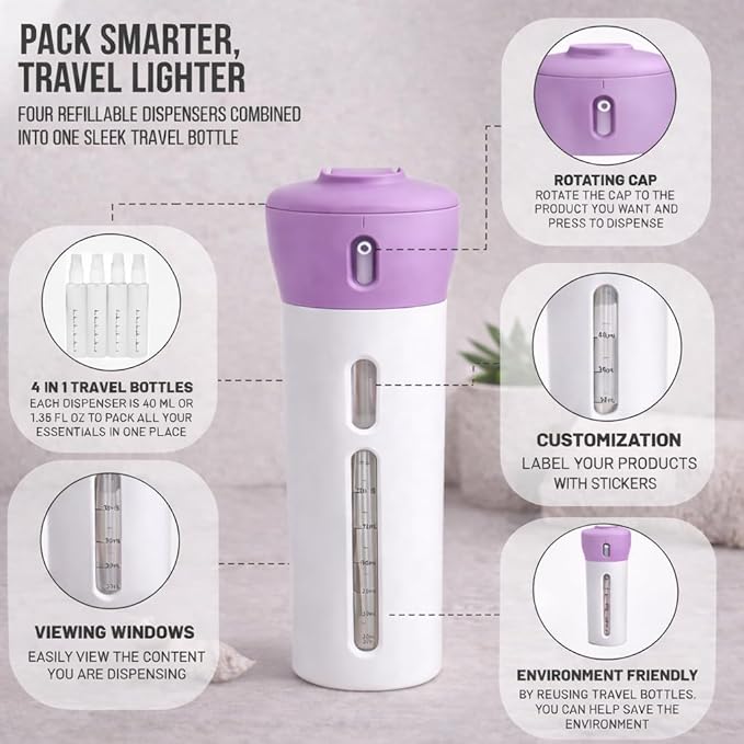 Travigo 4-in-1 Travel Dispenser Bottle Set, TSA Approved, Leak Proof, Reusable 1.4 oz. (40 mL) Toiletry Containers for Shampoo, Conditioner, Soap, Lotion, Skincare (2 Pack, Purple & Gray)