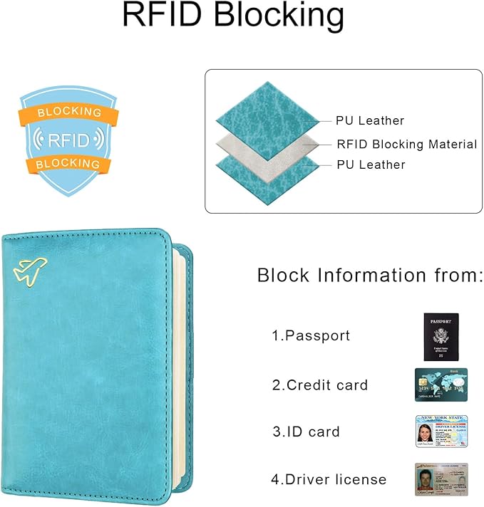 WALNEW Passport Holder for Travel, RFID Passport Cover Wallet for Women Men, PU Leather Passport Book Card Holder Case with Pen (Elastic Band Closure, C-Blue)
