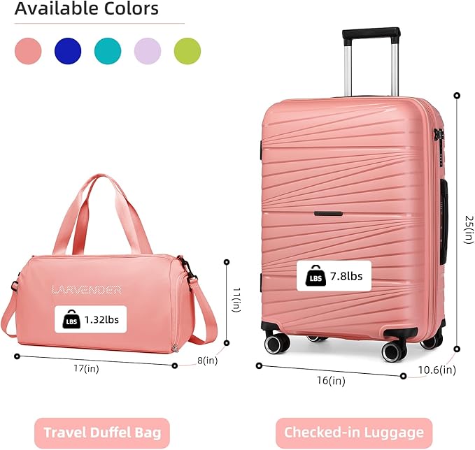 LARVENDER Luggage Sets 2 Piece, Expandable PP 24 Inch Check-in Suitcase with Duffle Bags for Women, Luggage Set Clearance with Spinner Wheels TSA Lock (Peach)