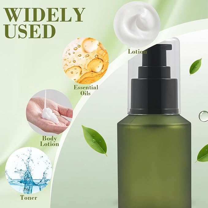 1PCS 60ML/2OZ Empty Refillable Green Frosted Glass Bottles with Pump Vial Cosmetic Dispenser Jars Storage Container Portable Travel Bottle Sample Trial Packing