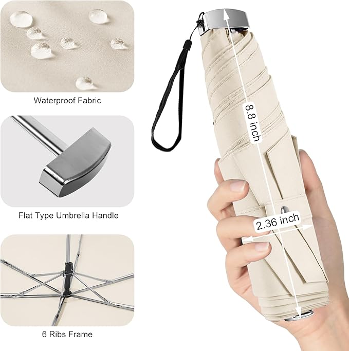 Lejorain Travel Mini Umbrella for Purse - Black Compact Durable Cool Teflon Light Weight Flat Backpacking Umbrella Portable Paraguas