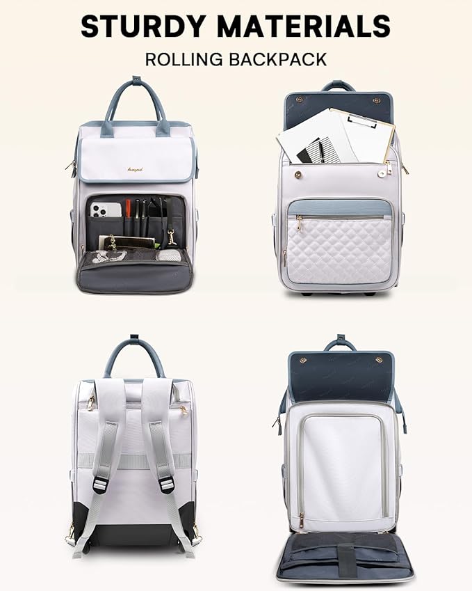 Rolling Backpack for Women, Travel Rolling Laptop Backpack with Wheels, Vertical & Horizontal Storage 2 In 1, Flip-Top Design, Water-Resistant Overnight College Underseat Carry on Luggage, Grey