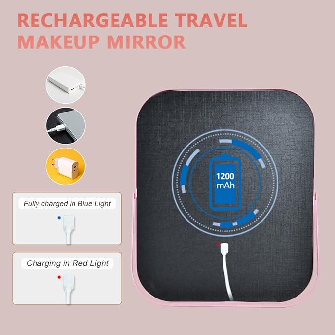 YEKKOPT Pink Rechargeable Vanity Mirror with Lights, LED Makeup Mirror, 10"×8" Lighted Makeup Mirror with Lights, Smart Touch Control Dimmable 3 Modes Light, Lighted Up Mirror for Makeup Desk, Bedroom