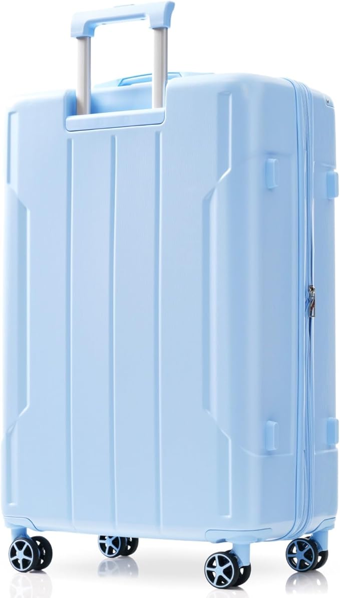 24 Inch Checked-Large Luggage, Lightweight ABS Hard Shell Suitcase with Spinner Wheels, Expandable Travel Luggage with Combination Lock & Side Hooks for Men Women, Sky Blue