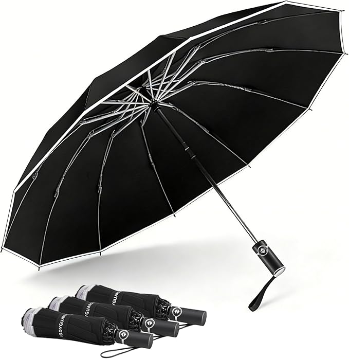 Bodyguard Inverted Umbrella - Large Windproof for Rain & Sun, Compact Reverse With Reflective Stripe, Teflon-Coated for Women Men, Travel Folding With Cover Bag