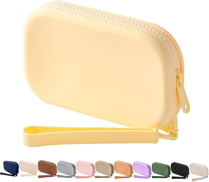 Small Silicone Multifunctional Essential Bag Portable Travel Makeup Bag for Women Men Cards Cash Bag Zipper Pouch (Yellow)