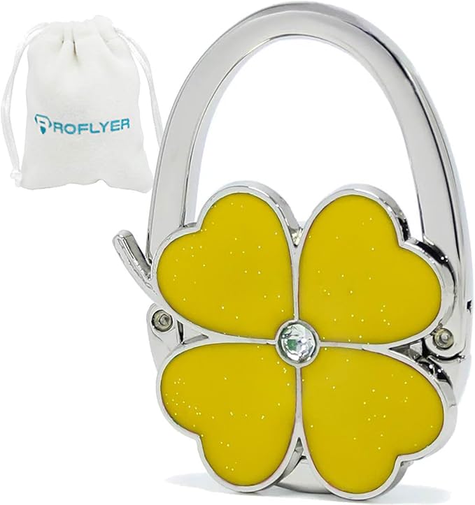 ROFLYER Four Leaf Clover Design Foldable Handbag Hanger Folding Purse Table Hook Holder (Yellow)