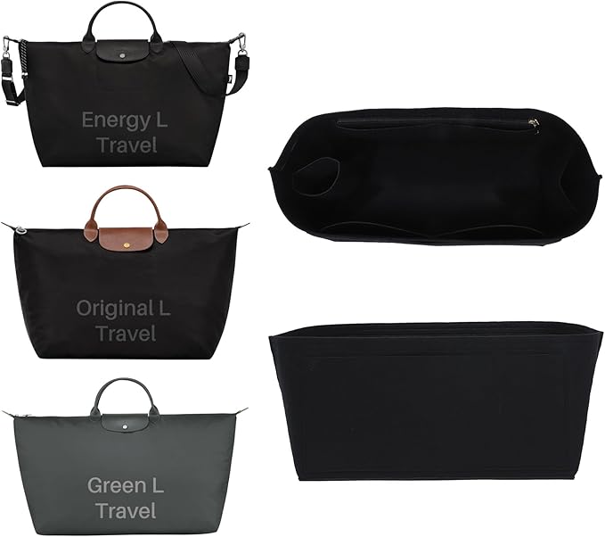 Premium Felt Purse Organizer Insert for Longchamp Le Pliage, Zipper Long Champ Bag Organizer Insert with Cup Holder, 9 Compartments