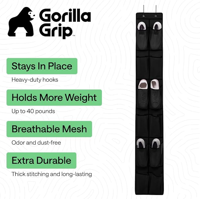 GORILLA GRIP Over the Door Shoe Organizer, 12 Large Breathable Mesh Pockets, Space Saving Hanging Storage Holder, 2 Hook Closet Rack Hanger, Hangs on Closets for Shoes, Accessories, 64H x 9.5W Black