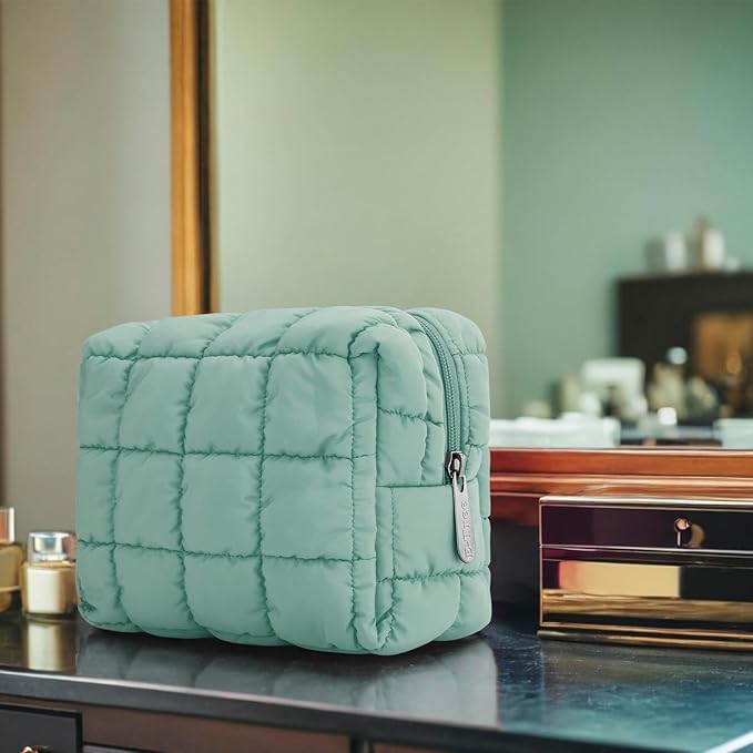 E-Tree Cute Makeup Bag,Quilted Cosmetic Bag,Make up Pouch for Purse,Toiletry Zipper Pouch,Checkered Bag,Travel Case,Storage Pouches for Organization (Green)