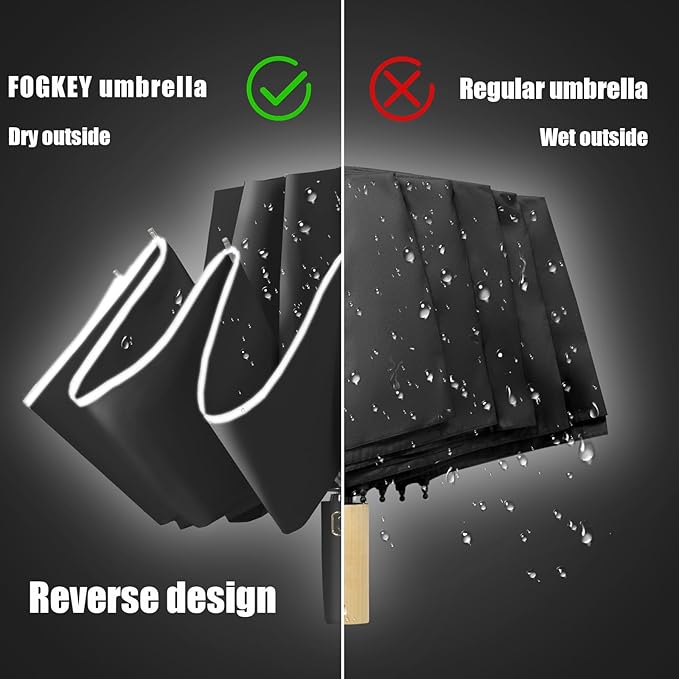 Fogkey Large Windproof Travel Umbrella, Portable Reverse Folding Car Umbrella, Compact Inverted Design with Waterproof Canopy, Automatic, 10 Durable Ribs, 45.6/13 Inch, Fits Backpack
