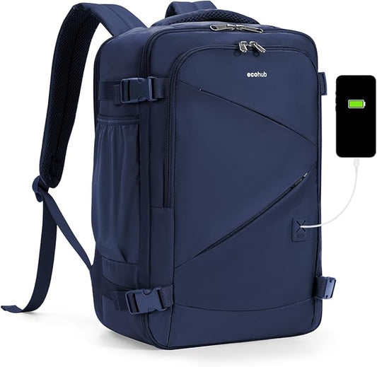 ECOHUB 17" Small Unisex Travel Backpack United Airlines Approved 17x10x9 Friendly Suitcase Anti-Theft Lockable Zippers Style Personal Item Bag Travel Essentials with 12 Pockets Water Resistant, Blue