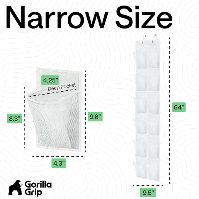 GORILLA GRIP Over the Door Shoe Organizer, 12 Large Breathable Mesh Pockets, Space Saving Hanging Storage Holder, 2 Hook Closet Rack Hanger, Hangs on Closets for Shoes, Accessories, 64H x 9.5W White