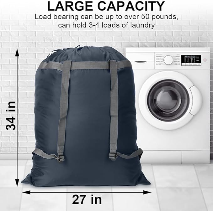 2 Pack Laundry Bag Backpack, 27” x 34”Sturdy Laundry Bag with Shoulder Straps Drawstring Closure Heavy Duty Foldable Laundry Backpack for College, Travel, Laundromat, Apartment (Navy Blue)