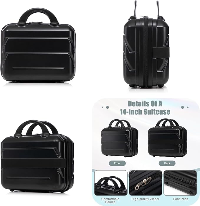 2-Piece ABS Hard Shell Lightweight Carry-On Luggage Set (14" & 20"), 360-Degree Spinner Wheels, Adjustable Telescopic Handle and Combination Lock for Travel, Black