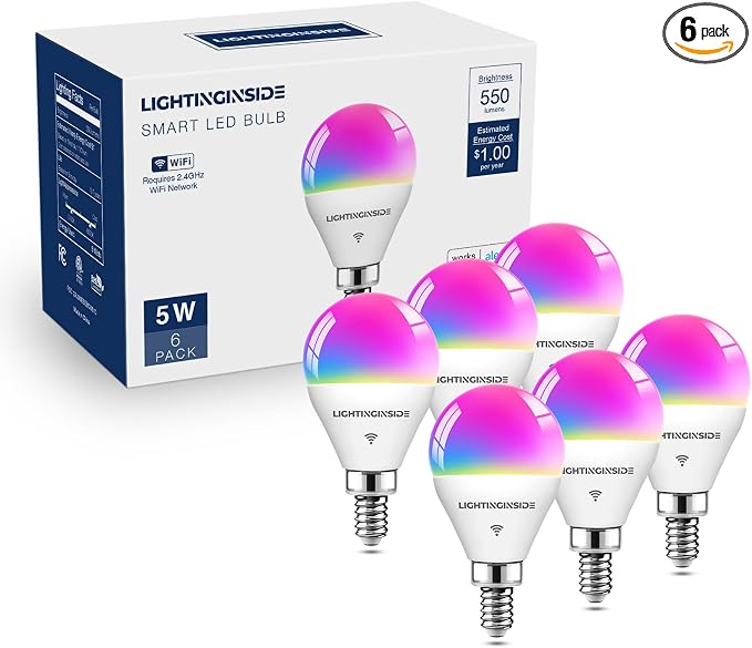 E12 Smart Light Bulbs 50W Equiv., G16.5 RGBCW Candelabra Chandelier Ceiling Fan Smart Bulb Compatible with Alexa/Google Home/Smart Life, 5W 550LM, 2.4G WiFi Bluetooth Bulb, ETL Listed, 6PCS | No Hub Required, 50W 550LM G16.5 RGBCW Smart Bulb Work with ...