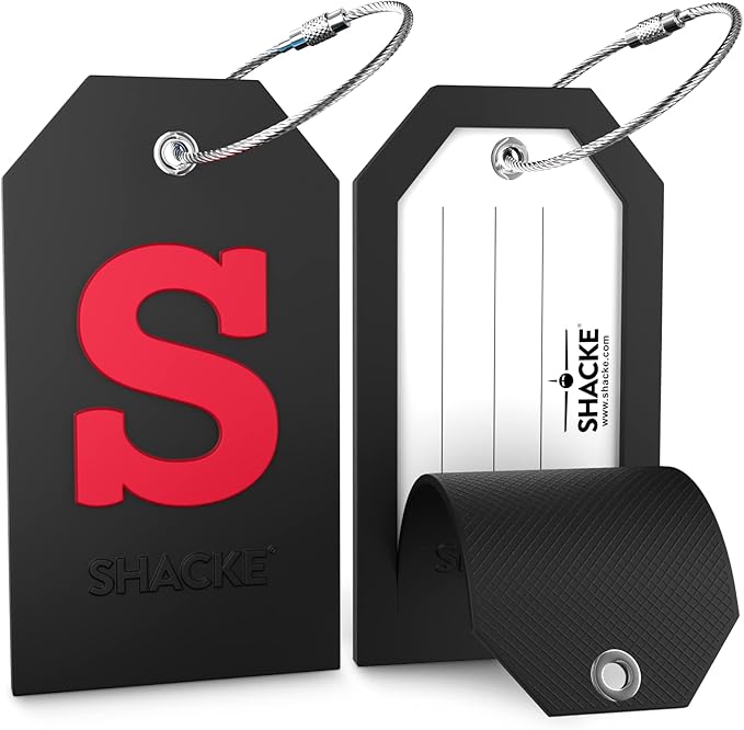 Shacke Initial Luggage Tag with Full Privacy Cover and Stainless Steel Loop - Black (Letter S)