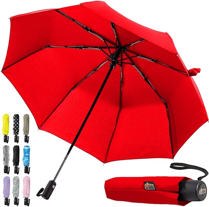 GORILLA GRIP Strong Windproof Stick Compact Umbrella for Rain, One-Click Automatic Open and Close, Durable Quick Dry Waterproof Material, Lightweight and Portable, Travel Size Fits Backpack, Red