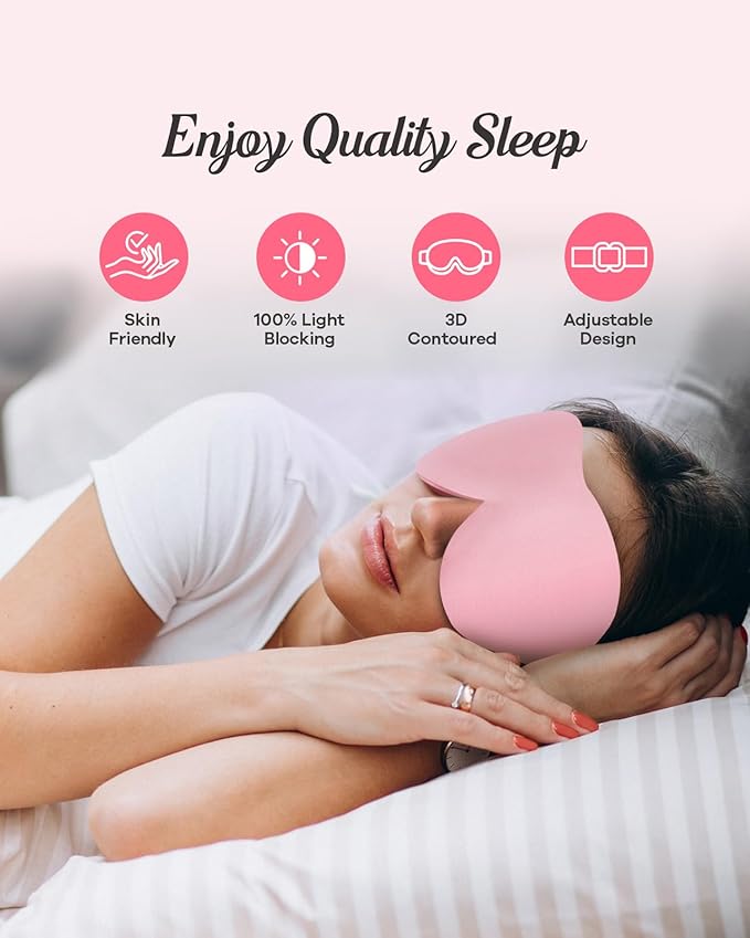Sleep Eye Mask, 3D Contoured 100% Blackout Eye Mask, Sleep Mask with Adjustable Strap, Night Blindfold for Women Men, Eye Mask for Sleeping, Pink