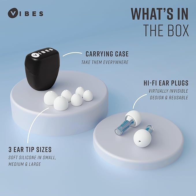 Vibes High Fidelity Ear Plugs - Invisible Earplugs for Music Concerts, Musicians, Motorcycles, Airplanes, Raves, and Work - Noise Reduction and Hearing Protection - Fits All Ears - Blue