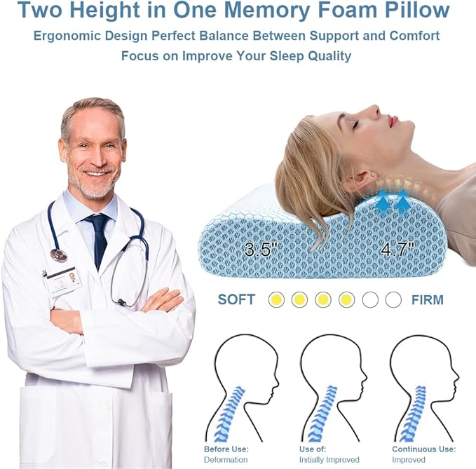 Anvo Memory Foam Pillow, Neck Contour Cervical Orthopedic Bed Pillow for Sleeping Side Back Stomach Sleeper, Ergonomic Design for Neck and Shoulder Pain Relief, Cyan, Firm