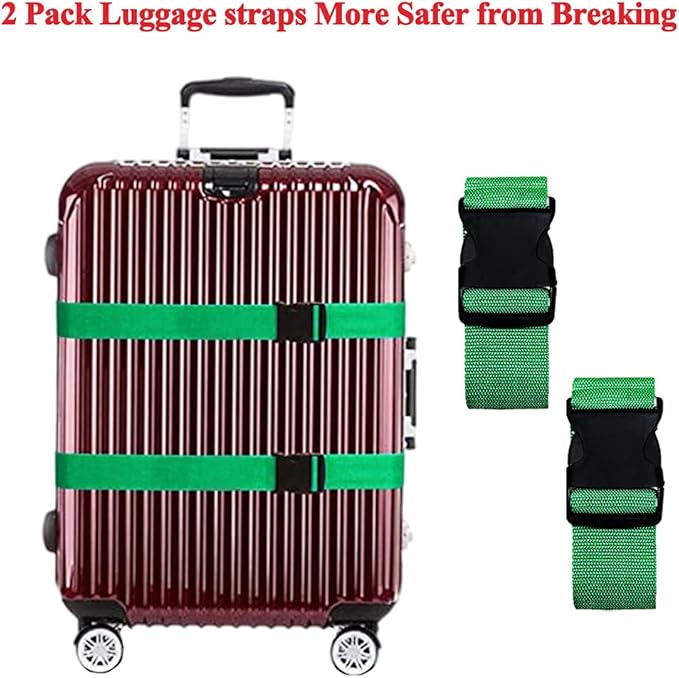 2 Pack Suitcase Belts, Adjustable Luggage Straps, Bright Colors Travel Packing Straps with Quick Release Buckle (Green)