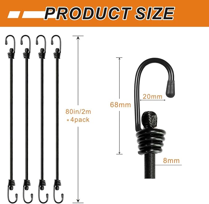 BEXSLE Bungee Cords with Hooks 2m Long, Heavy Duty Outdoor Elastic Bungee Straps, No Odour Industrial Grade Bungee Rope for Securing Tarps, Luggage, Tents, Bikes or Garden Tidying 80inch 4Pcs (Black)
