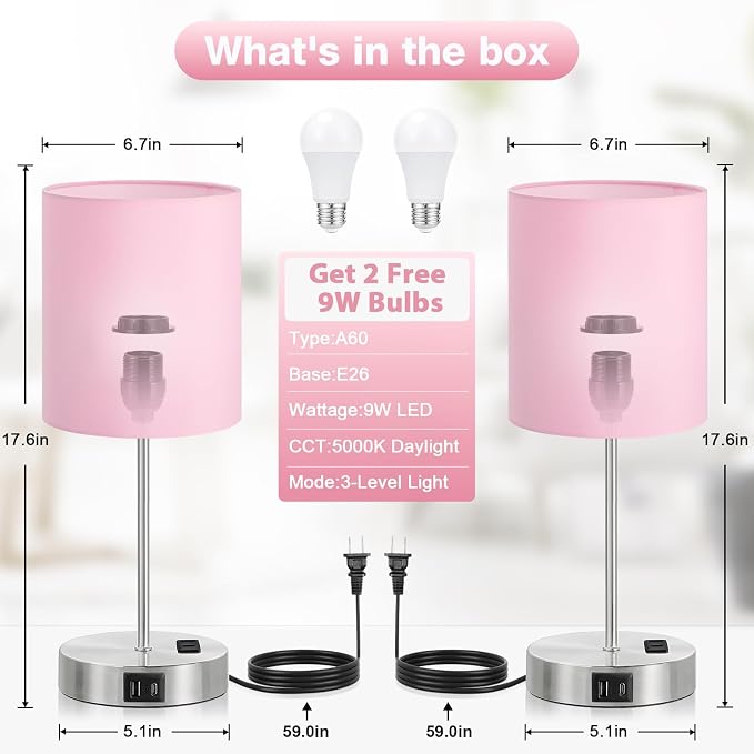 17.6" Pink Touch Lamps for Bedroom Set of 2 - Dimmable, USB C+A, AC Outlet | Large 17.6" Tall Lamp, 3-Way Dimming, 5000K Daylight Bulbs, Pink Lampshade Silver Base, Decor for Living Room, Boys, Girls