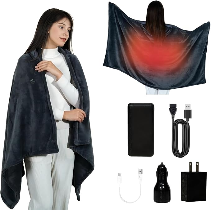 Cordless Heated Blanket Battery Powered; USB Wearable Portable Heated Throw Blanket with Hood, 20000 mAh Battery, 9 Heating Zone, 3-Level; Portable Heated Shawl Cordless; Camping (Warm Stone Gray)