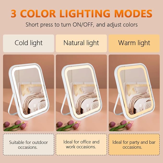 YEKKOPT Rechargeable Vanity Mirror with Lights,8x10 Inch 3 Color Lighting Portable Makeup Mirror with Touch Screen Adjustable LED Lights,Desk Mirror for Travel, Home