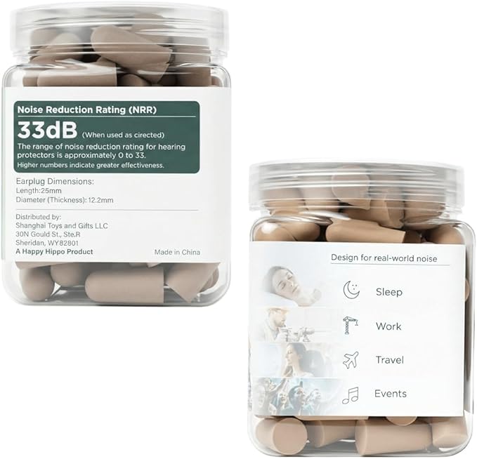 Happy Hippo Soft Foam Earplugs, 33 dB NRR, (50 Pair, 100 Ear Plugs), Maximum Protection for Sleeping, Power Tools, Loud Work Environments (Beige)