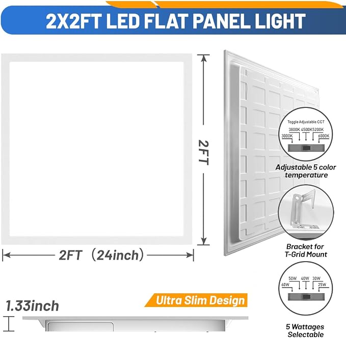 Allsmartlife 2x2 LED Flat Panel Ceiling Light 4-Pack, 0-10V Dimmable, 5CCT 3000K-3500K-4500K-5000K-6000K, MAX 60W/7200 Lumens, Back-Lit Drop Ceiling Light Fixtures, 100-277V 50/60Hz