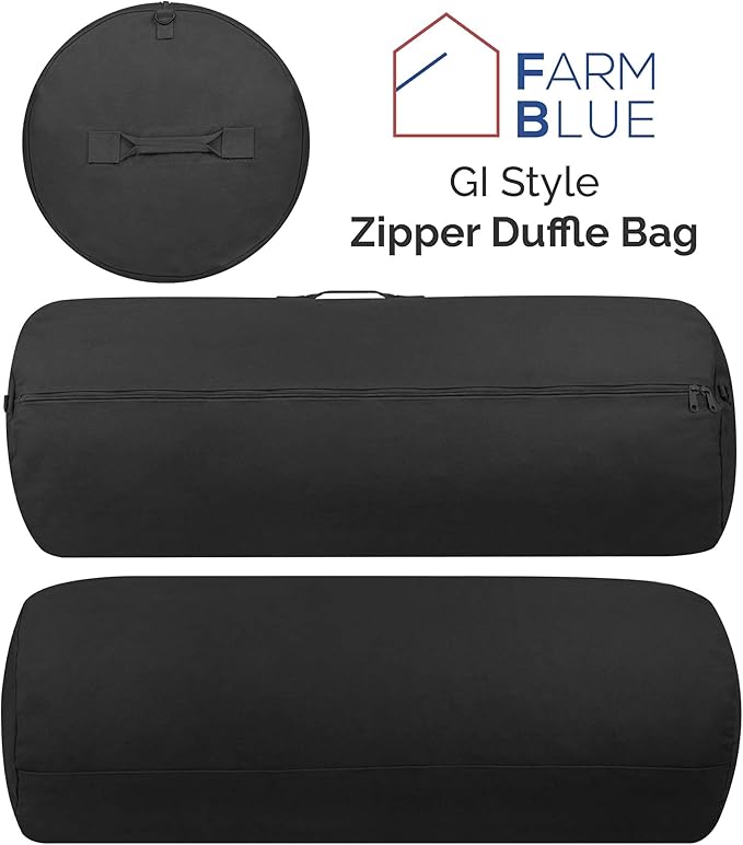 The BEST! GET the Farm Blue GI Zipper Duffel Bag - Enormous 30"x 50" XX Large Military Army Duffle w.Shouldr Strap- Best 4 summer camp, dorm laundry & moving-YKK Zips & 3 Grab Handls (Black, XX-Large)