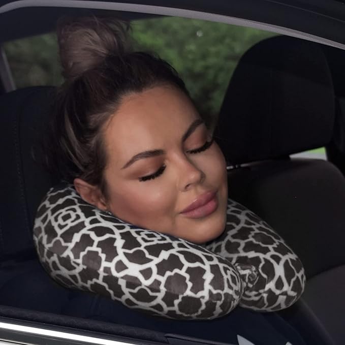 Adult Cozy Soft Microfiber Neck Pillow for Travel – Compact, Machine Washable - Perfect for Airplane, Car, or Home Use - Filled and Finished in the USA – Charcoal Trellis