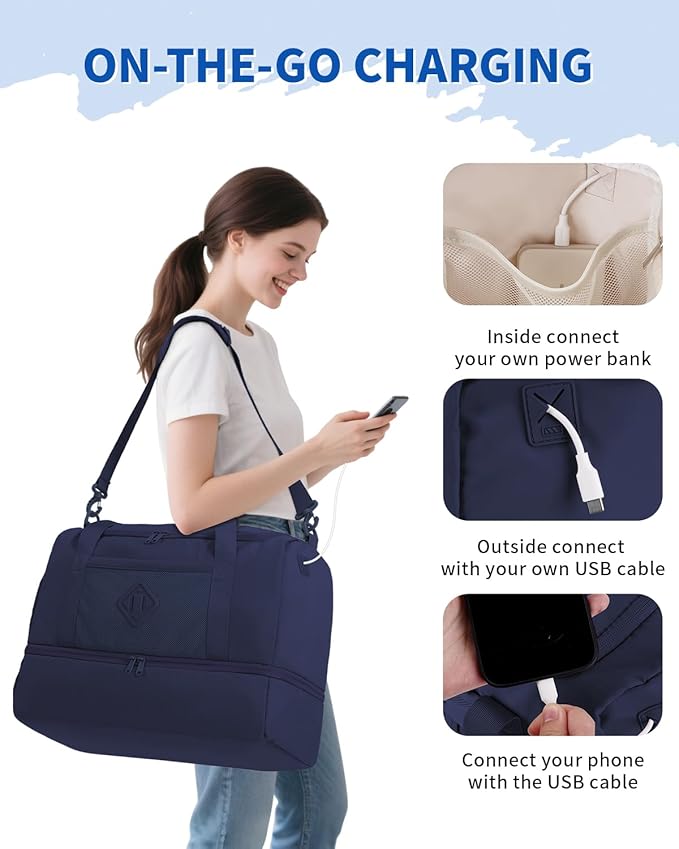 WANDF Travel Duffel Bag with Wet Pocket & Shoe Compartment, 18x14x8 Personal Item Bag with USB Charging Port, Water-Resistant Gym Weekender Overnight Carry-on for Women Men (Blue)