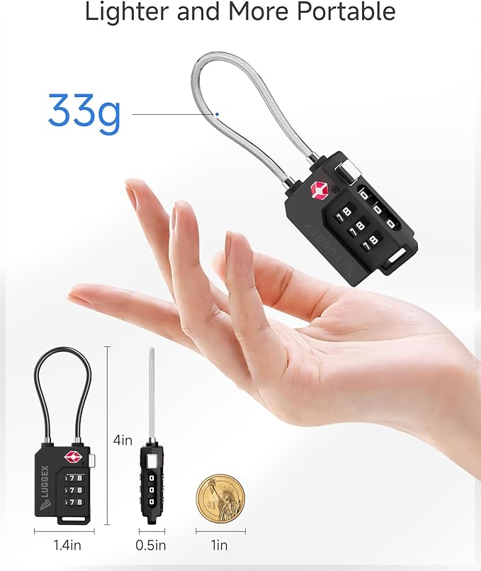 LUGGEX TSA Locks for Luggage, Suitcase Locks TSA Approved, Luggage Locks, Ease of Use & Durable(Silver Cable,4 Pack)