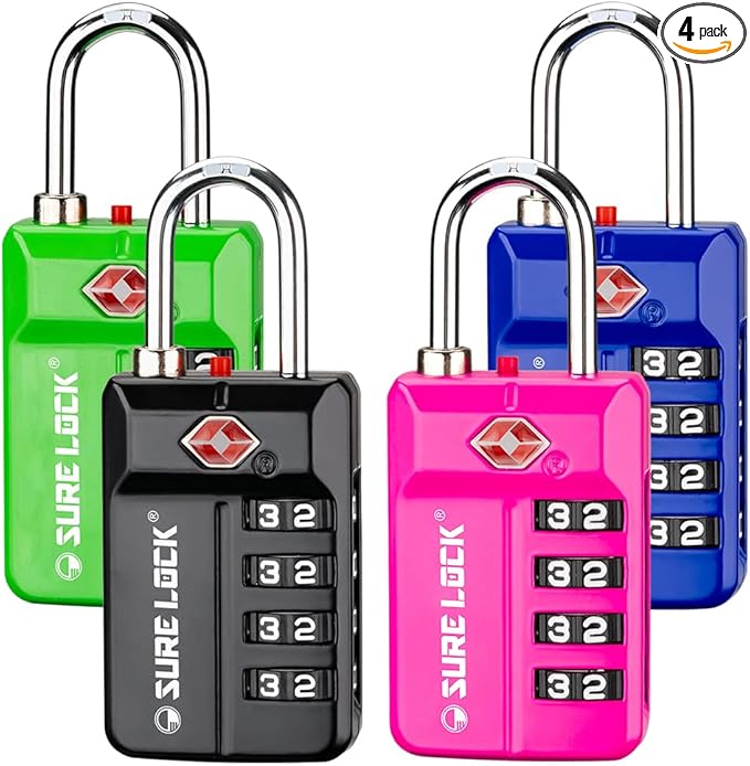 SURE LOCK TSA Approved 4-Digit Resettable Combination Luggage Locks with Open Alert, Easy-Read Dials - for Luggage, School Lockers, Gym, Office, Toolbox & Security Cases(4 Assorted Colors)