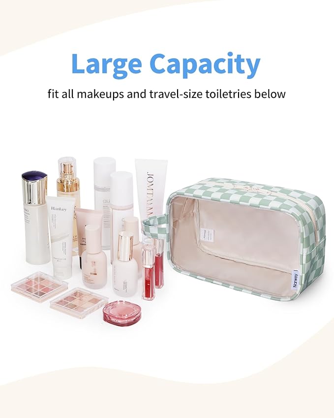 Narwey Clear Toiletry Bags for Traveling Women Men, Clear Travel Bags for Toiletries Makeup Bag Cosmetic Bag with Zipper, Make Up Organizer, Skincare Bag (Mint Green Checkerboard)