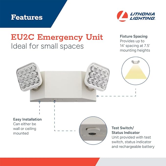 Lithonia Lighting Basics LED Emergency Light, Adjustable Heads 120/277V 4Pk | 2 Aimable Heads, Wall Mount, Damp Rated, 90-Min Backup, Ideal for Stairways, Hallways, Egress Paths, White, 4-Pack (EU2C CP4)